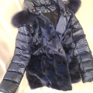 Navy Mink Coat with removable sleeves and hood